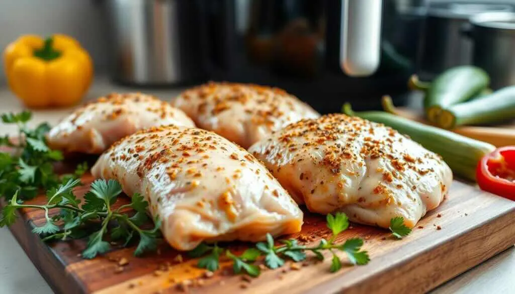 Air fryer chicken breast whole grain mustard preparation with seasoning and herbs on a wooden board.