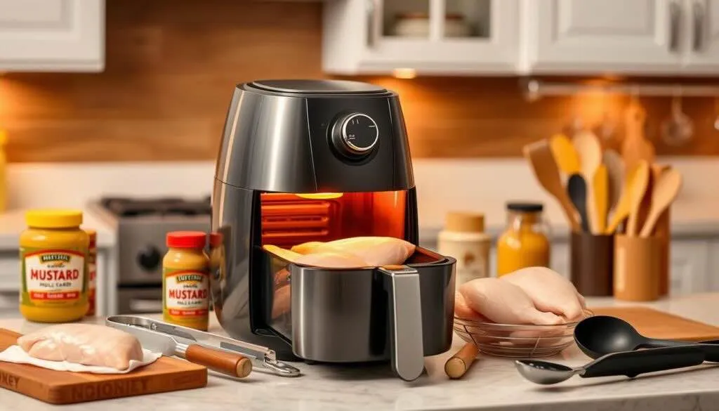 Air fryer chicken breast whole grain mustard cooking inside a modern air fryer.