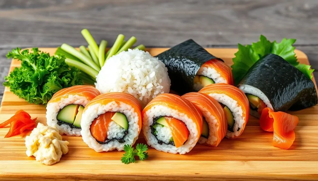 Alaska roll sushi served with fresh vegetables, rice ball, and seaweed wrap