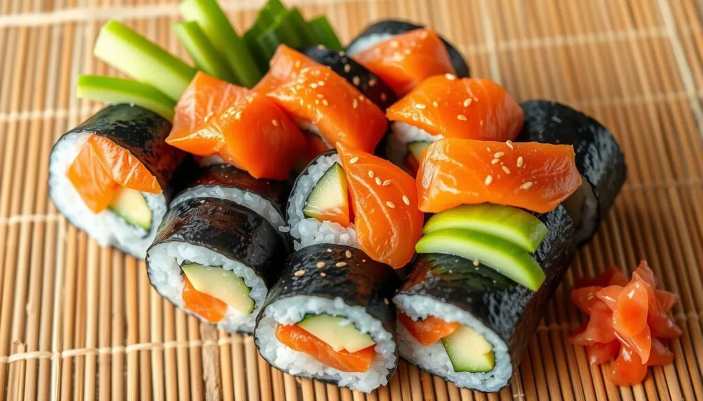 Alaska roll sushi wrapped in seaweed and topped with salmon slices