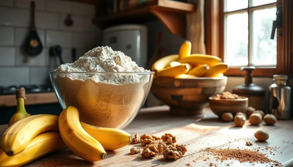 Banana bread recipe without butter preparation with flour, bananas, and walnuts on a kitchen counter.