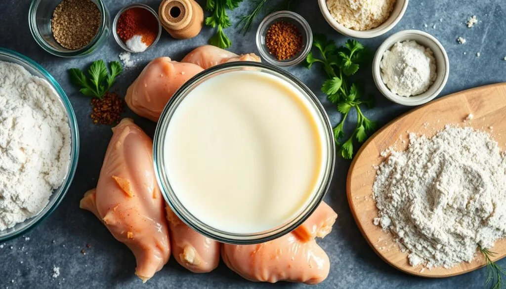 Ingredients for chicken tenders and fries, including raw chicken, milk, flour, and spices.