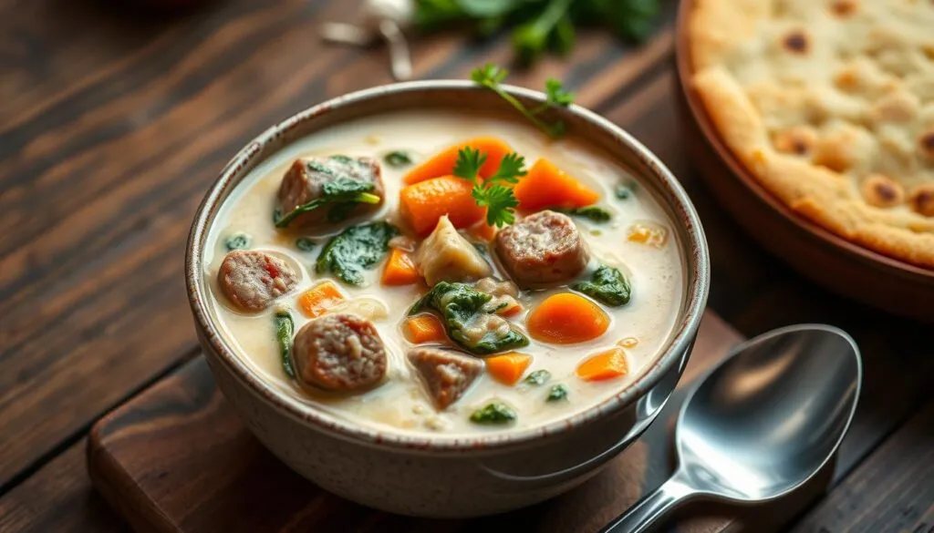 Bowl of creamy parmesan Italian sausage soup with vegetables and fresh parsley garnish