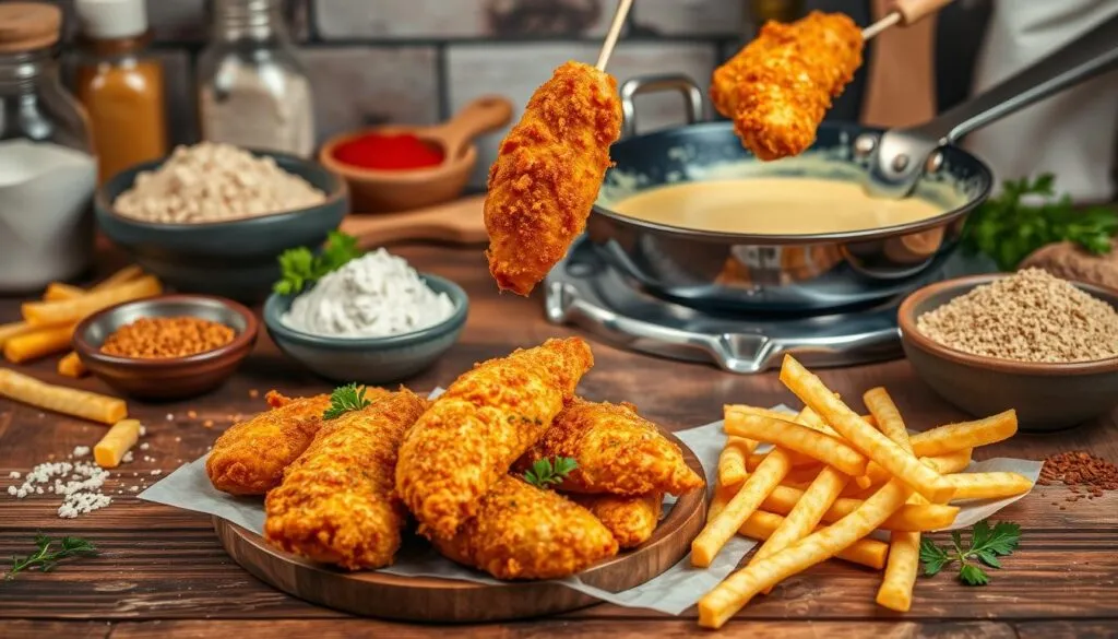 Chicken tenders being dipped in batter with fries and toppings nearby.