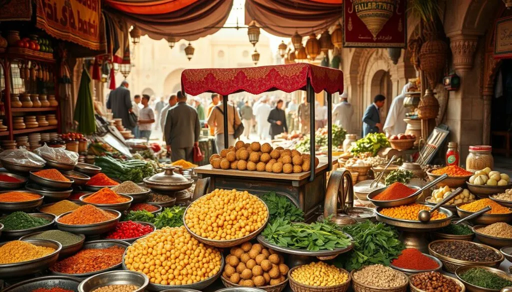 A colorful market stall selling ingredients for a falafel plate, including spices and chickpeas