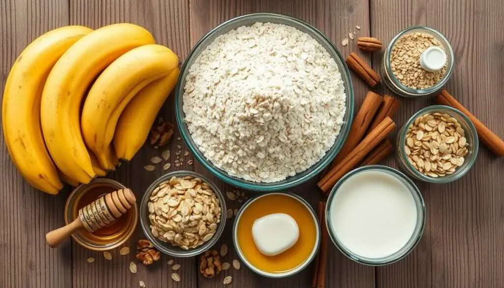 Ingredients for banana bread recipe without butter including bananas, oats, honey, and cinnamon.
