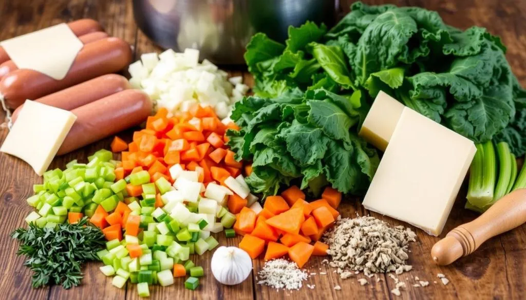 Fresh ingredients for creamy parmesan Italian sausage soup including sausage, cheese, kale, and chopped vegetables