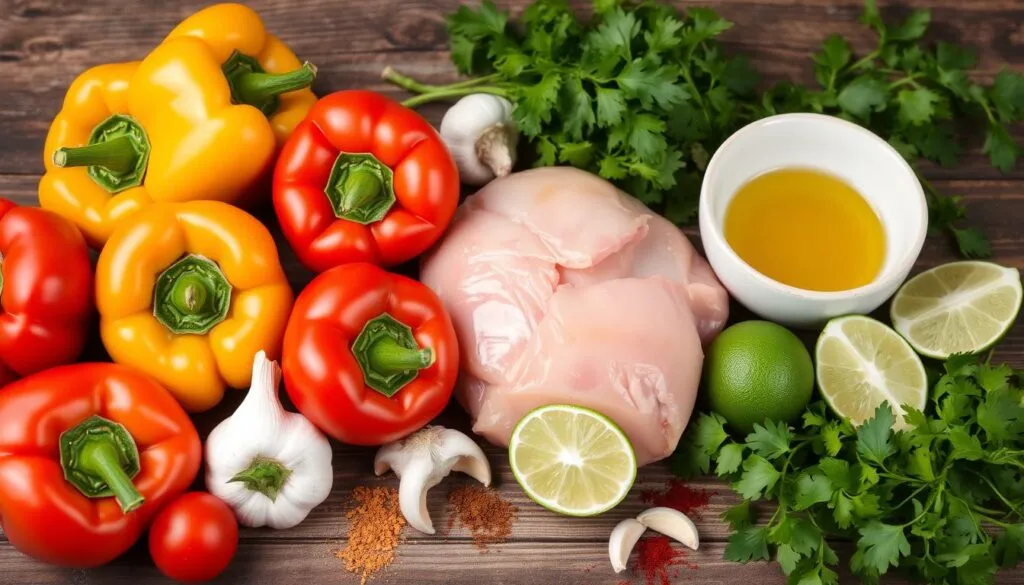 Fresh ingredients for a Mexican chicken marinade, including bell peppers, garlic, lime, and olive oil