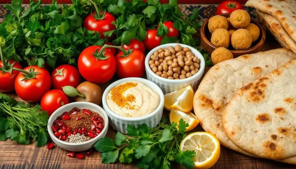 Fresh tomatoes, parsley, chickpeas, and pita bread arranged for making falafel hummus.