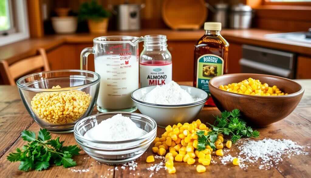 Key ingredients for no egg cornbread recipe including almond milk, cornmeal, and flaxseed.