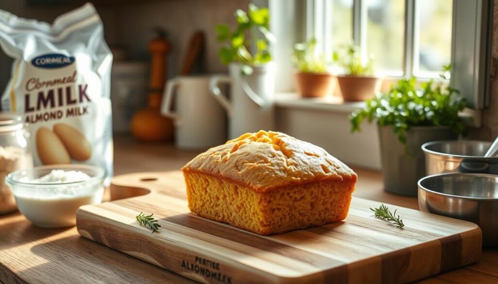 Freshly baked loaf of cornbread made with no egg cornbread recipe, ready to serve.