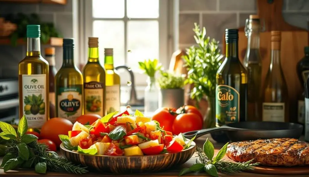 Fresh salad and grilled meat prepared using Mediterranean olive oil recipes.