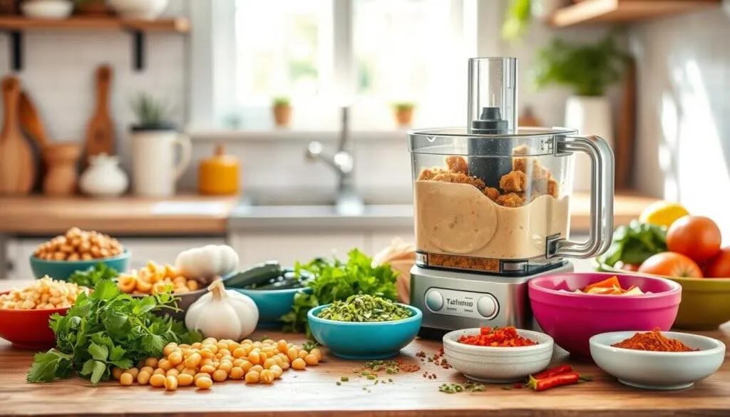 Food processor blending chickpeas and spices for falafel hummus preparation.