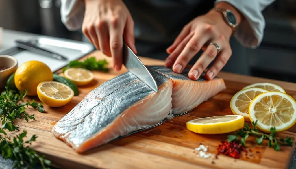 Preparing Salmon Belly Recipe with a knife on a wooden board, surrounded by fresh herbs and lemon slices.