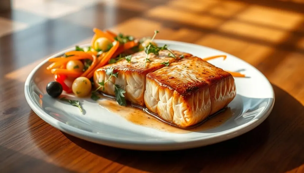 Perfectly cooked Salmon Belly Recipe served with a medley of fresh vegetables on a white plate.