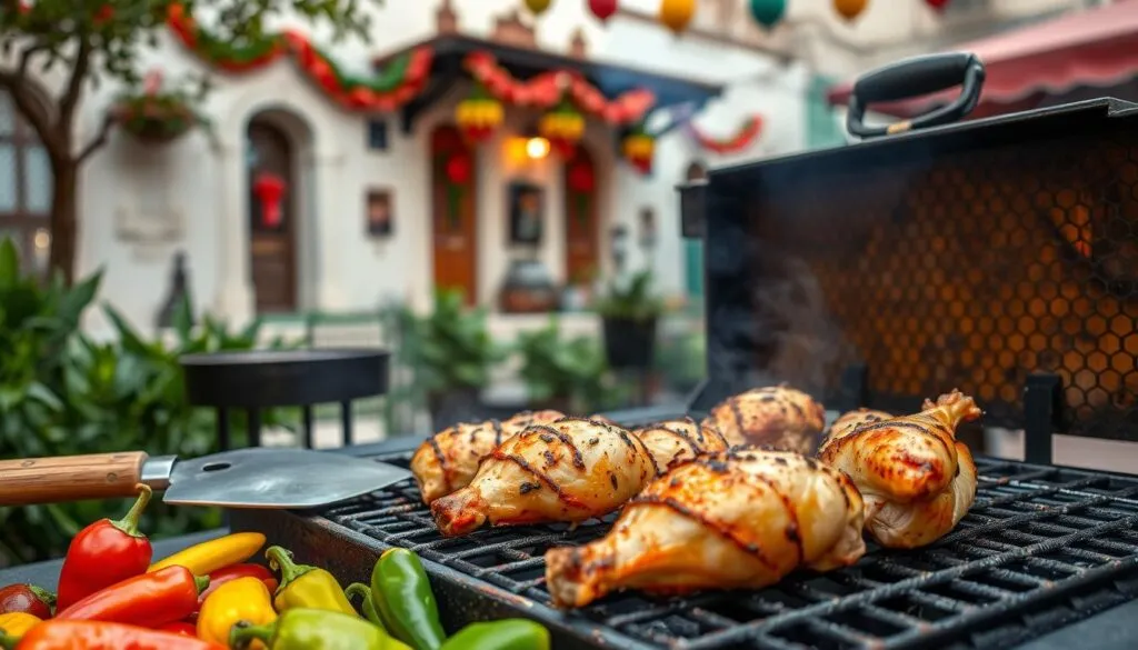 Grilled chicken cooked with a San Antonio Grilled Mexican Chicken Marinade Recipe alongside peppers.