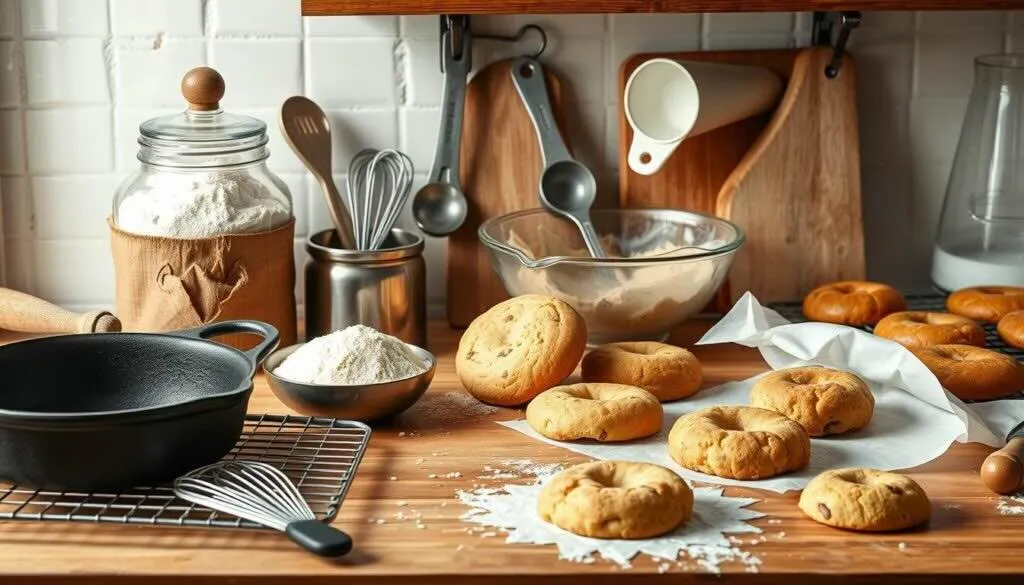 Baking tools and ingredients for sourdough dessert recipes including flour, whisks, and cast iron pan.