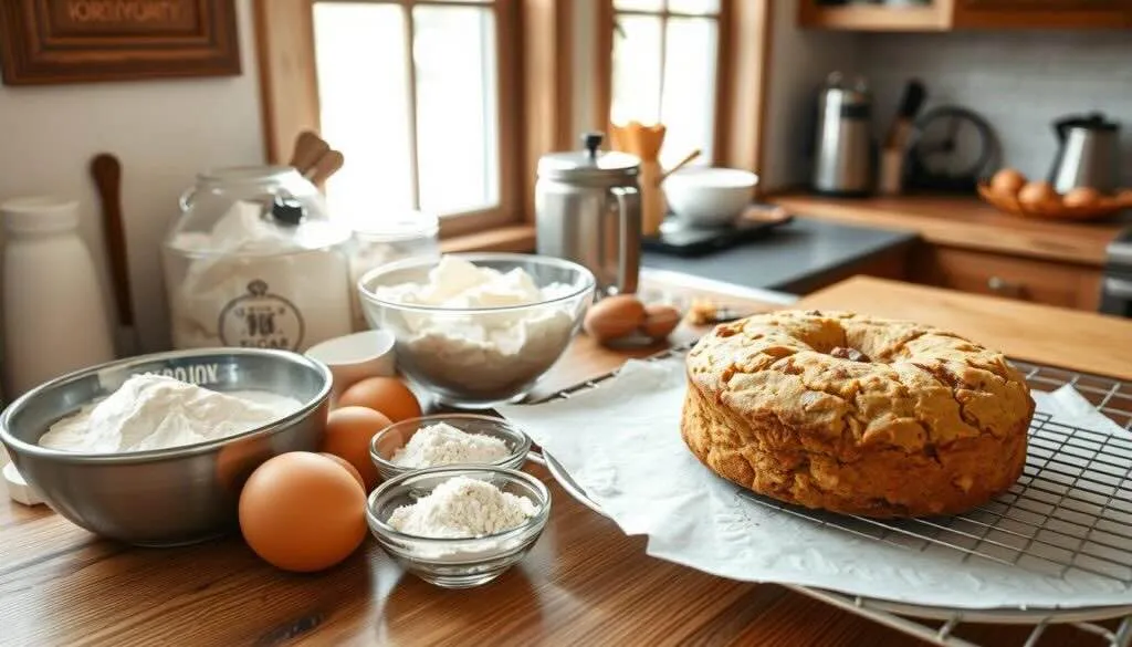 Preparation process for sourdough dessert recipes with flour, eggs, and dough on a counter.