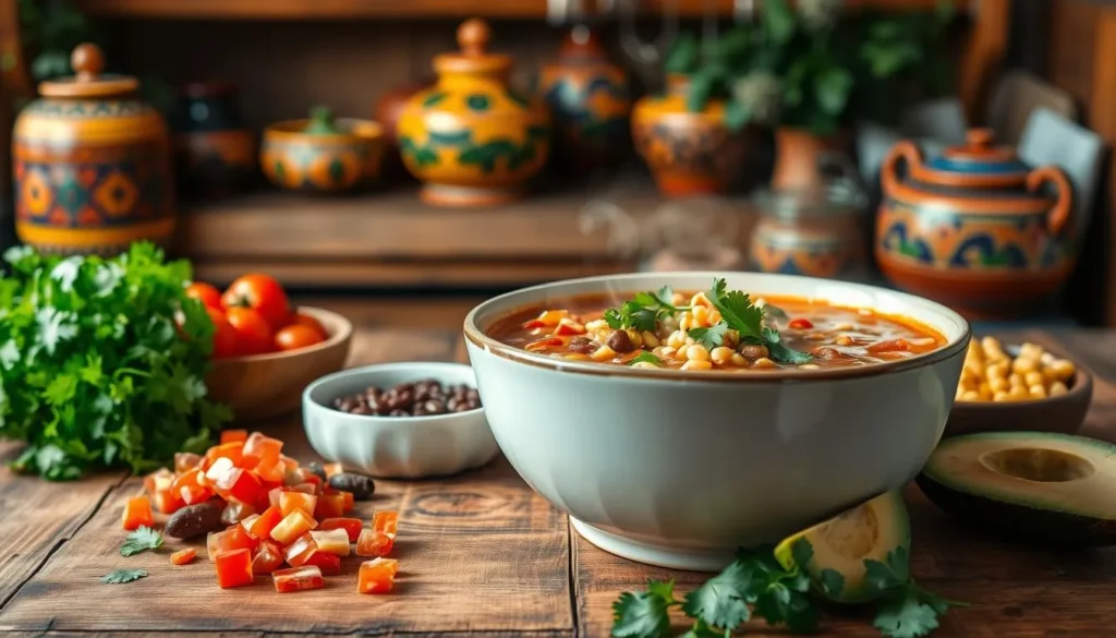 A steaming bowl of Taco Soup Frios Recipe topped with fresh cilantro, surrounded by fresh ingredients like tomatoes, beans, and avocado on a wooden table.