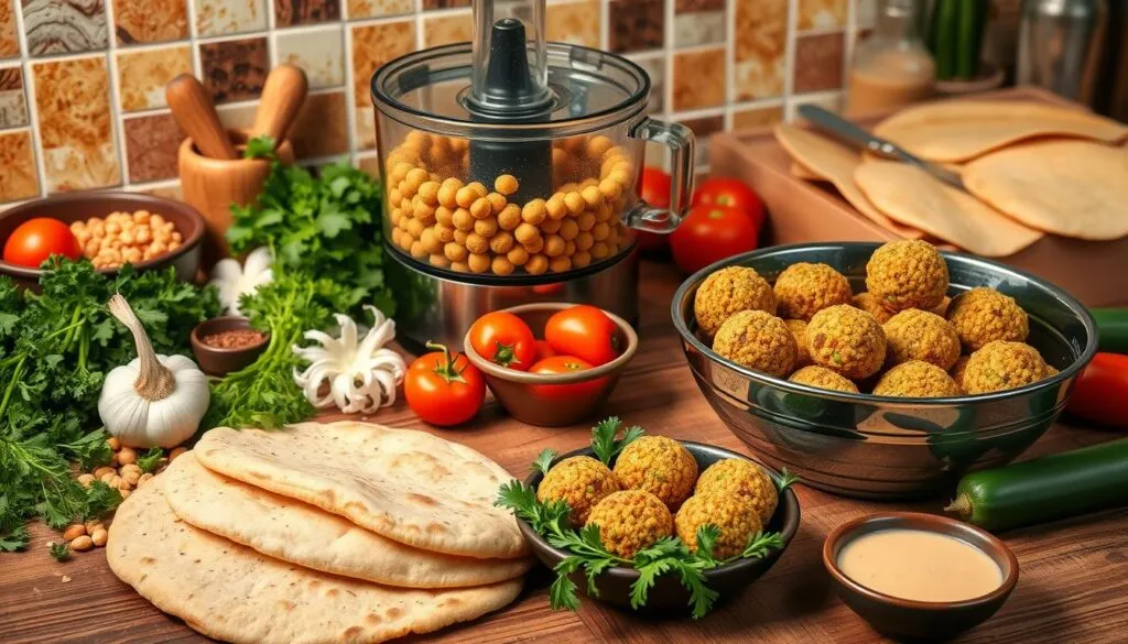 Ingredients for a falafel plate, including chickpeas, parsley, and pita bread, prepared with a food processor.