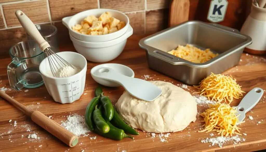 Vegan jalapeno cheese artisan bread recipe preparation with dough, tools, and ingredients.