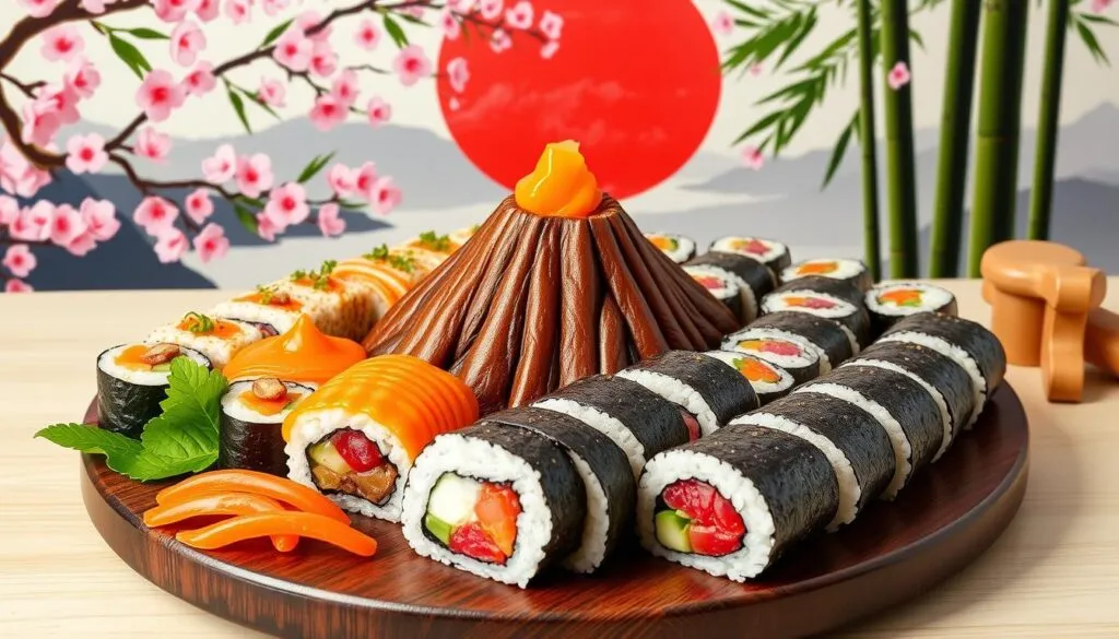 Artistic volcano roll sushi platter with a decorative volcano centerpiece