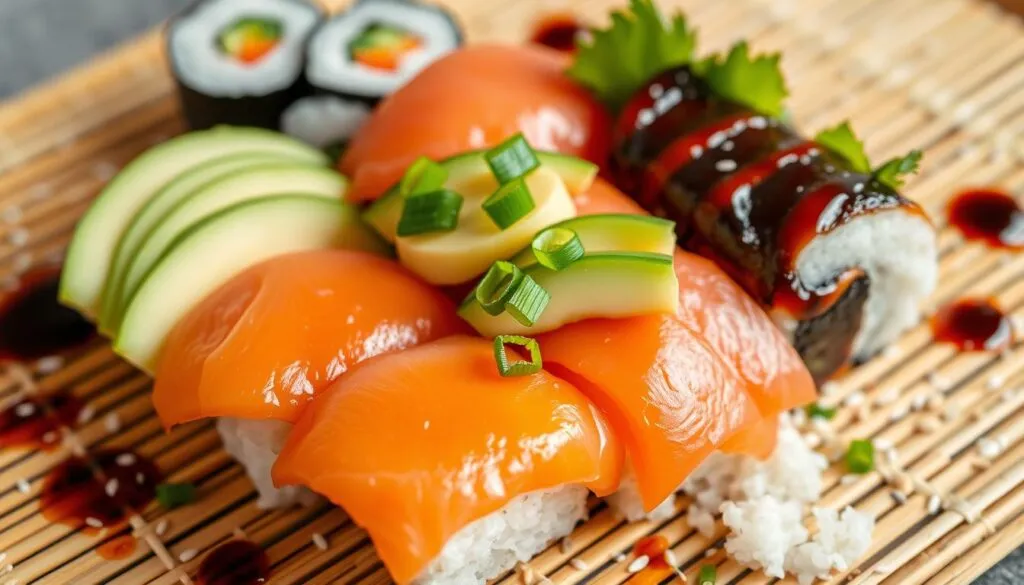  Volcano roll sushi with salmon, avocado, and soy glaze on a bamboo mat