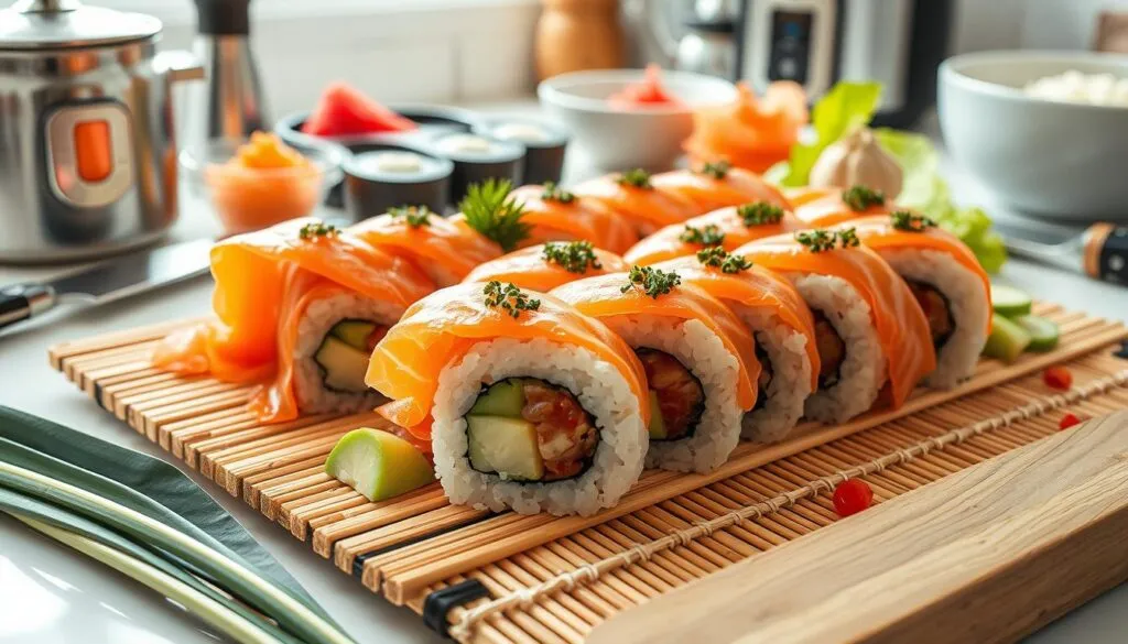 Close-up view of Alaska roll sushi on a bamboo mat garnished with herbs.