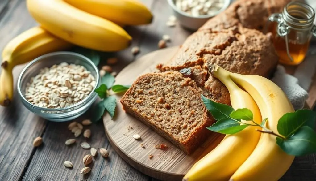 Freshly baked banana bread recipe without butter surrounded by bananas, oats, and honey.