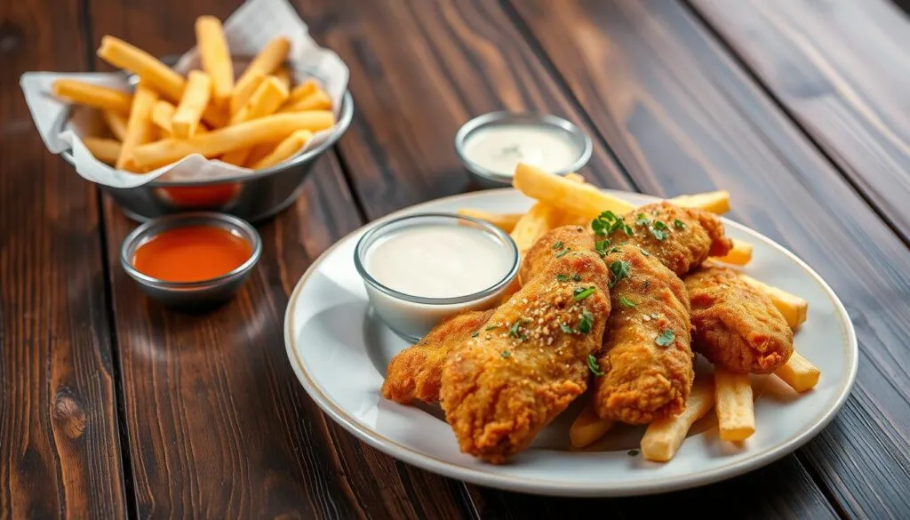 Plate of crispy chicken tenders and fries with dipping sauces