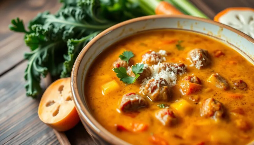 Creamy parmesan Italian sausage soup with a rich tomato base, vegetables, and sausage, garnished with cheese.