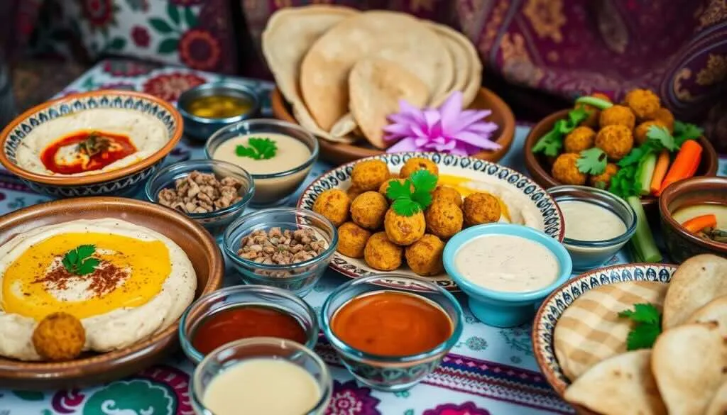 A Middle Eastern feast with falafel, hummus, pita bread, and dipping sauces.