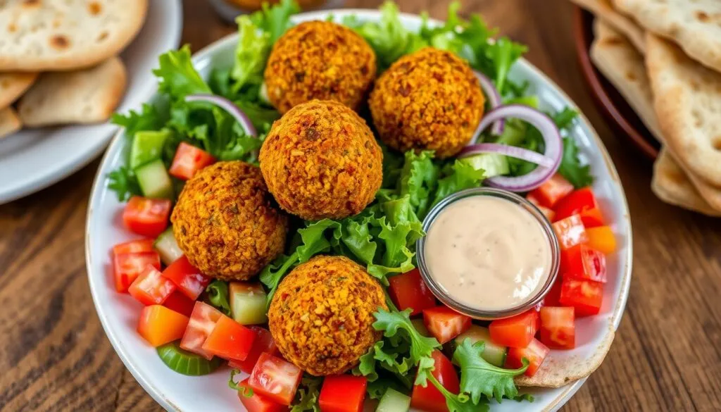 A falafel plate with crispy falafel balls on a fresh salad with creamy tahini dressing.