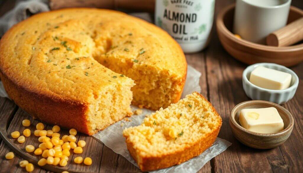 Golden and fluffy cornbread made with no egg cornbread recipe, served with butter and almond oil