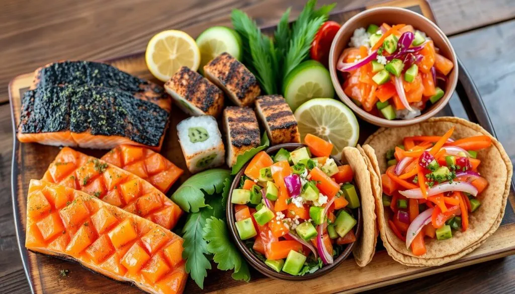 A colorful platter showcasing grilled Salmon Belly Recipe, tacos, and fresh vegetable sides.