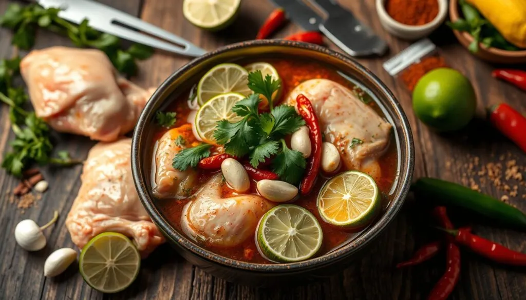 Chicken marinating in a bowl with spices, lime, and garlic for a San Antonio Grilled Mexican Chicken Marinade Recipe.