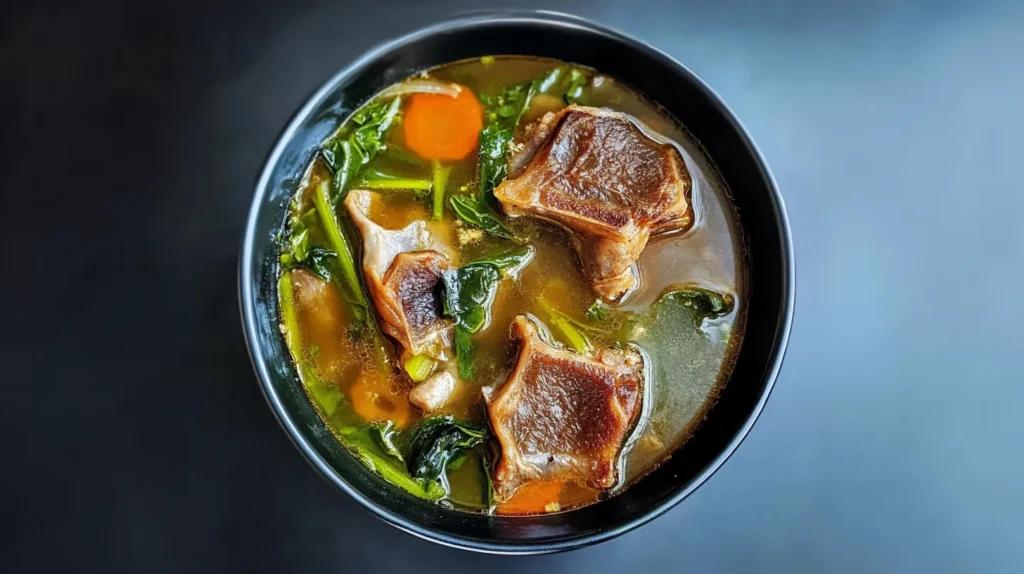 Bowl of soup with cooked soup bones, carrots, and greens in rich broth.