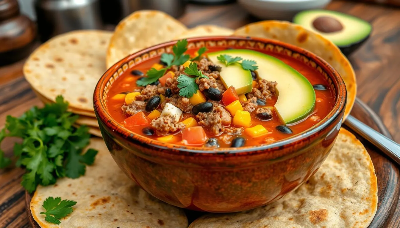 A vibrant Taco Soup Frios Recipe with ground beef, black beans, corn, avocado slices, and fresh cilantro, served with tortillas on the side.