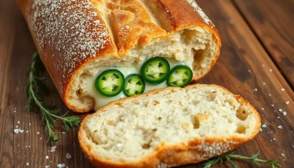 Sliced vegan jalapeno cheese artisan bread recipe with visible melted cheese and jalapenos