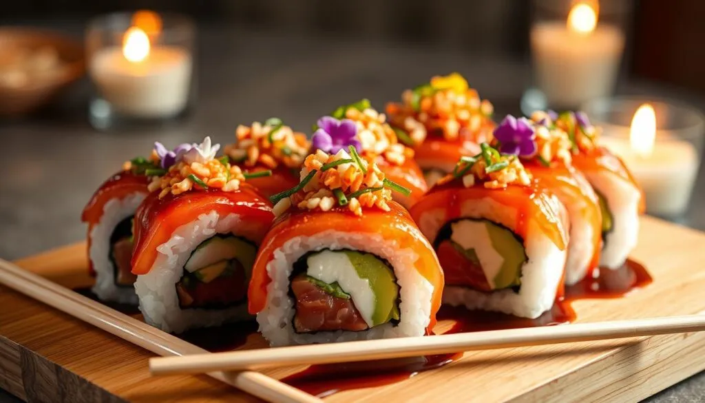 Close-up of volcano roll sushi topped with vibrant sauces and garnishes