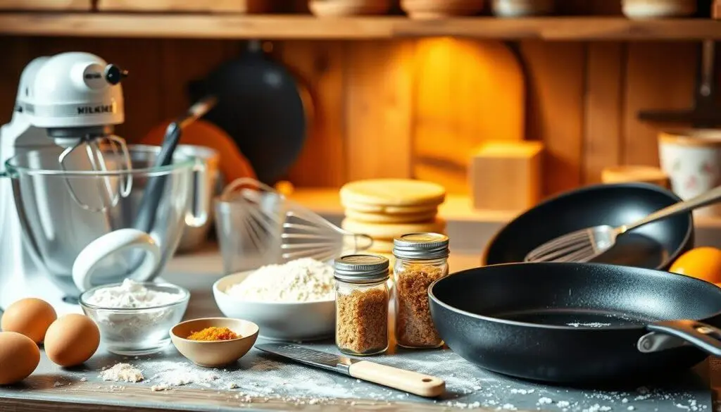 A cozy kitchen setup with baking equipment and ingredients for making caramel salt pancakes or waffle mix.