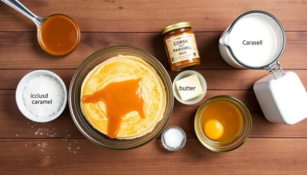 A top-down view of caramel salt pancake mix ingredients, including milk, butter, eggs, and caramel sauce, labeled on a wooden surface.