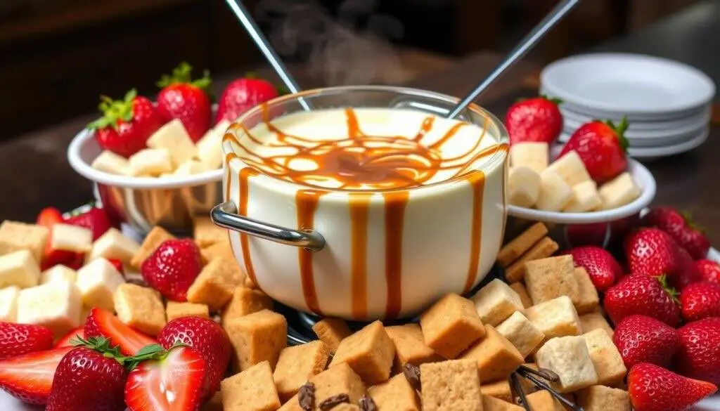 A glass bowl of cheesecake fondue drizzled with caramel, surrounded by fresh strawberries, cubed pound cake, and graham crackers.