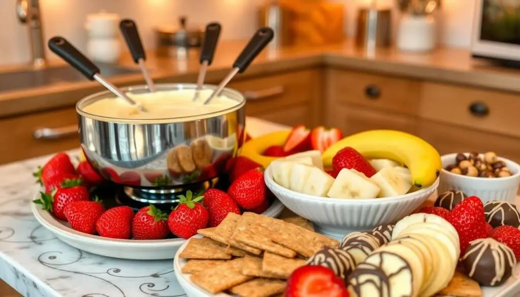 A fondue pot filled with cheesecake fondue, surrounded by strawberries, bananas, crackers, and chocolate-covered fruits.