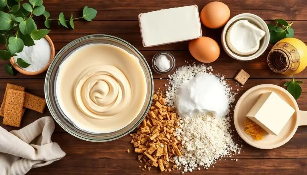 A bowl of smooth cheesecake mix surrounded by key ingredients like cream cheese, eggs, graham crackers, and sugar.