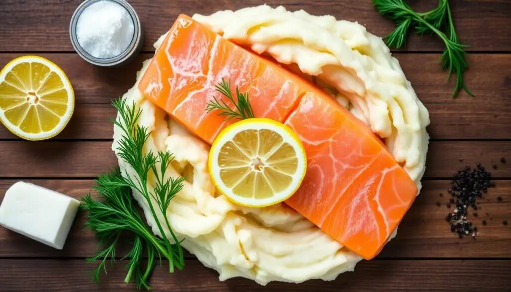 Fresh salmon fillet placed on creamy mashed potatoes, garnished with lemon and dill.