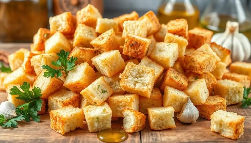 A pile of golden, crispy gluten-free croutons seasoned with herbs, garlic, and olive oil on a wooden surface.