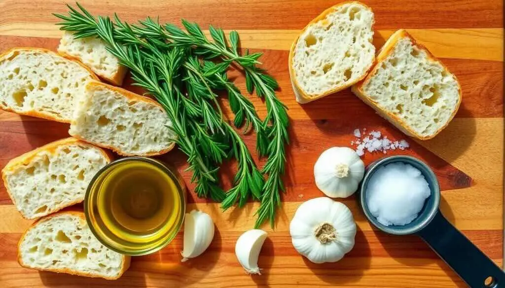 Ingredients for gluten-free croutons, including gluten-free bread, olive oil, fresh rosemary, garlic, and sea salt on a wooden board.