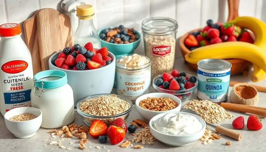 A variety of gluten-free dairy-free breakfast ingredients, including oats, coconut yogurt, nuts, and fresh berries.