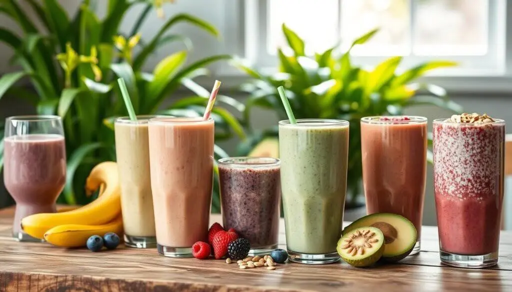 A colorful selection of gluten-free dairy-free breakfast smoothies in tall glasses with fresh fruit and greens in the background.